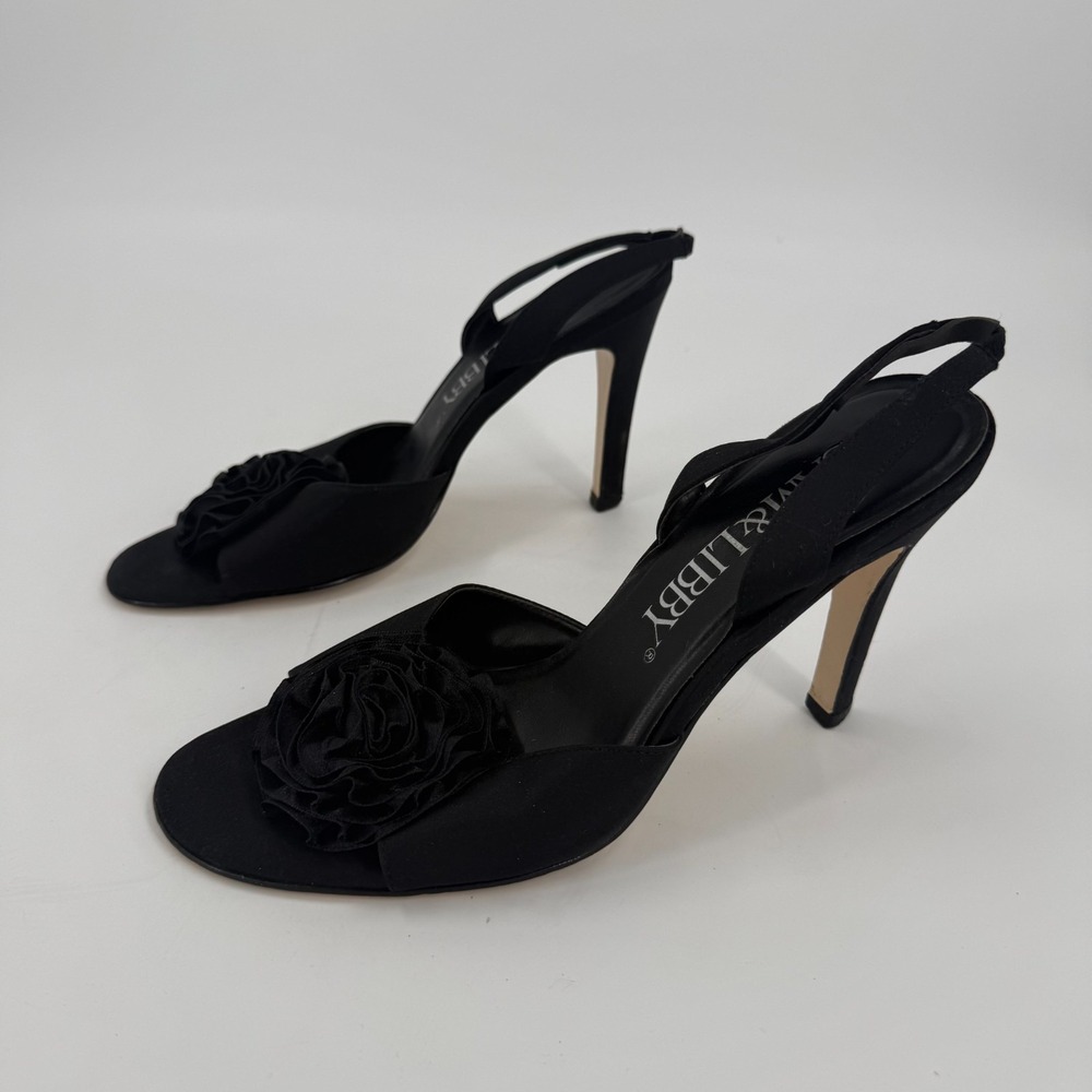 Sam & Libby Slingback Sandals Womens Size 8.5M Black Leather Sole Flower Detail